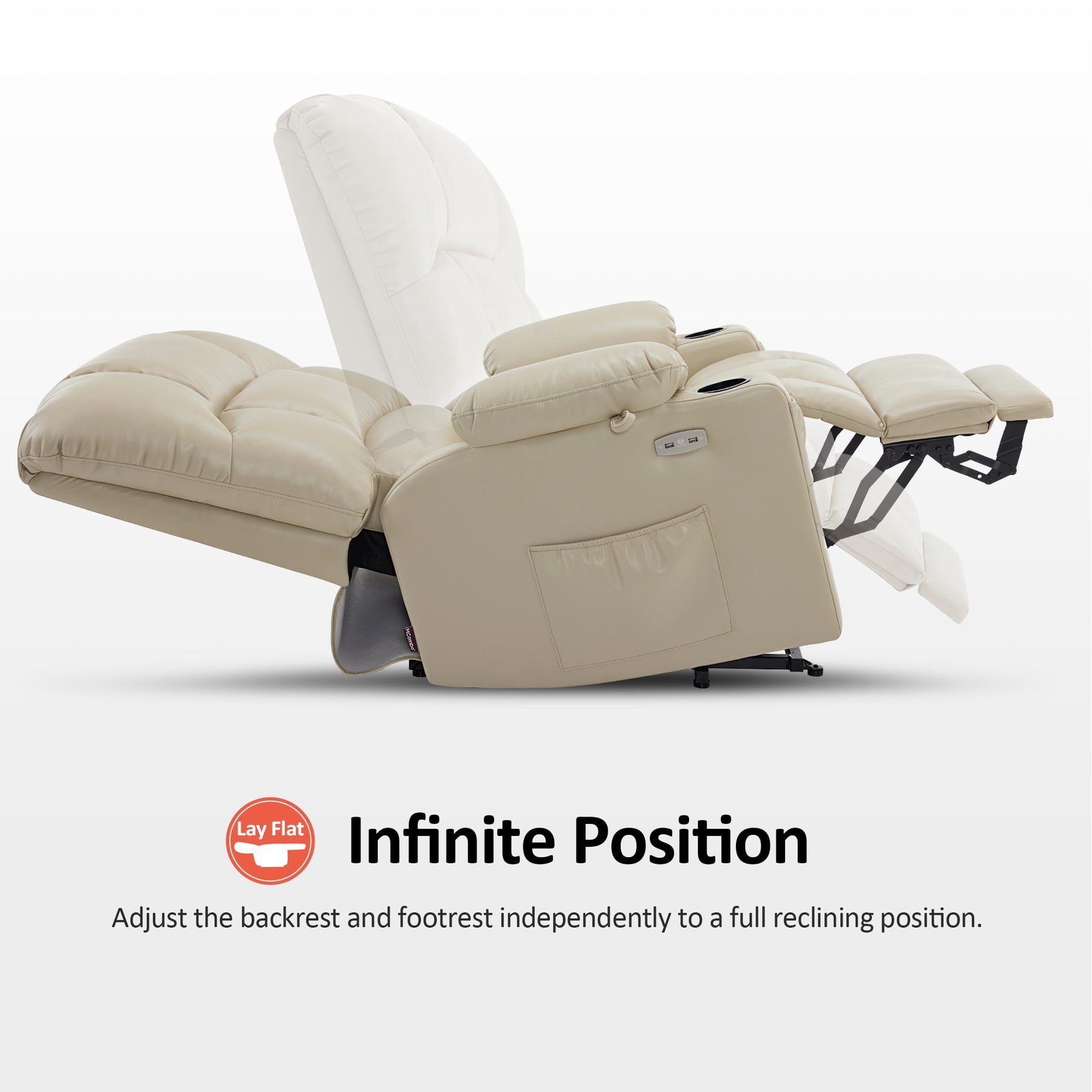 MCombo Large-Wide Lay Flat Dual Motor Power Lift Recliner Chair Sofa with Massage and Heat for Big Elderly People, Infinite Position, Faux Leather R7688 (Beige, Large-Wide)