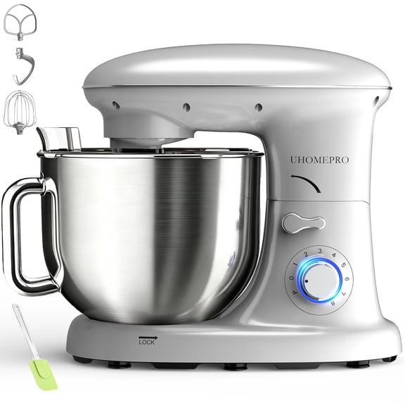 8.5QT Stand Mixer, UHOMEPRO 8-Speed Tilt-Head Kitchen Dough Mixer, 3-in-1 Home Commercial Electric Cake Mixer With Dough Hook, Beater, Egg Whisk, Dishwasher Safe, Silver