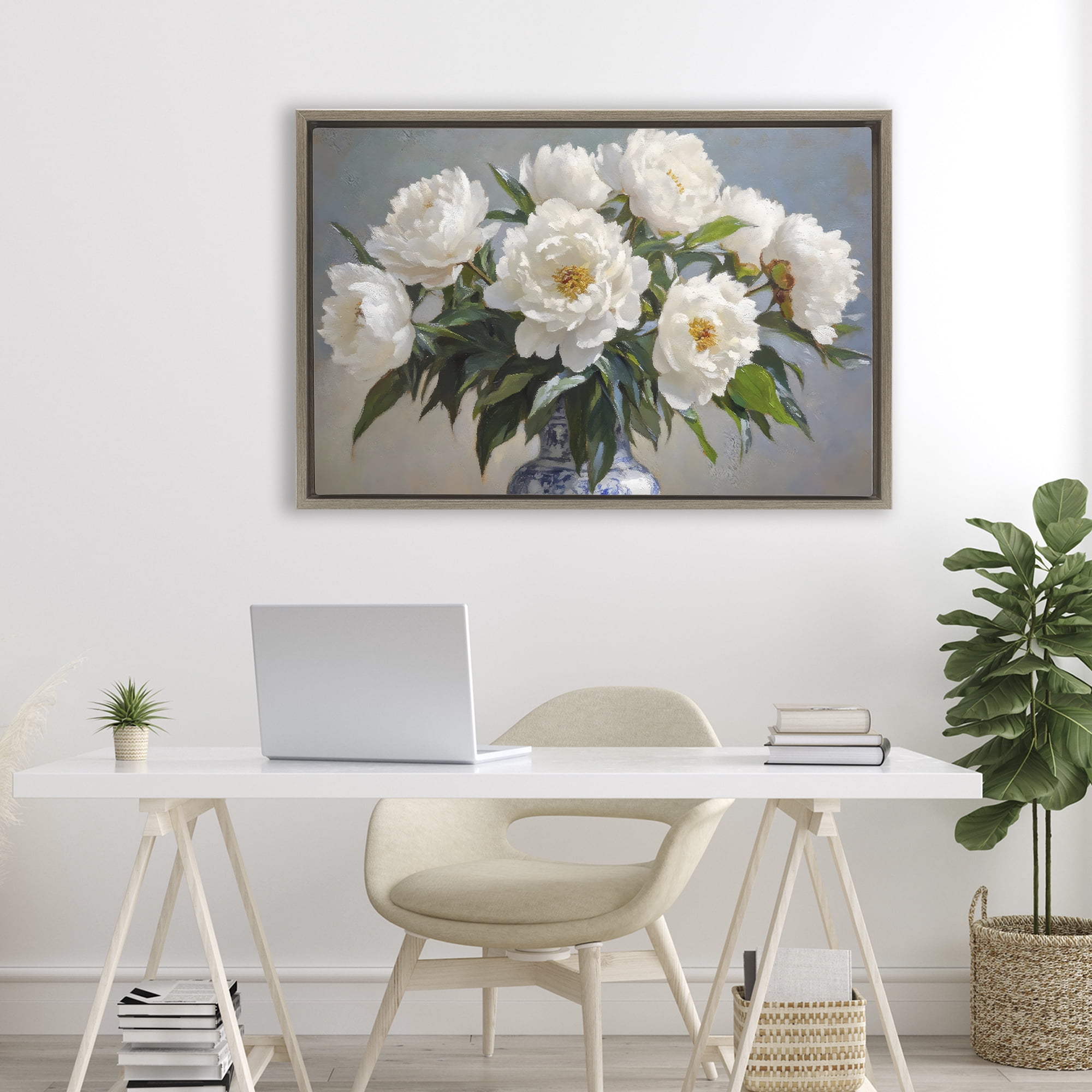 Stupell Industries In Full Bloom White Peonies Brown Framed Floater Canvas Wall Art, design by Petal Prints Design
