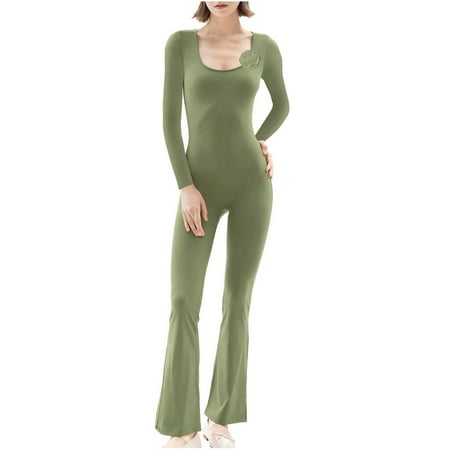 ZyeKqe Jumpsuits for Women Long Sleeve Square Neck Bodysuits Full Length Stretchy Flare Pants 1 Piece Outfits