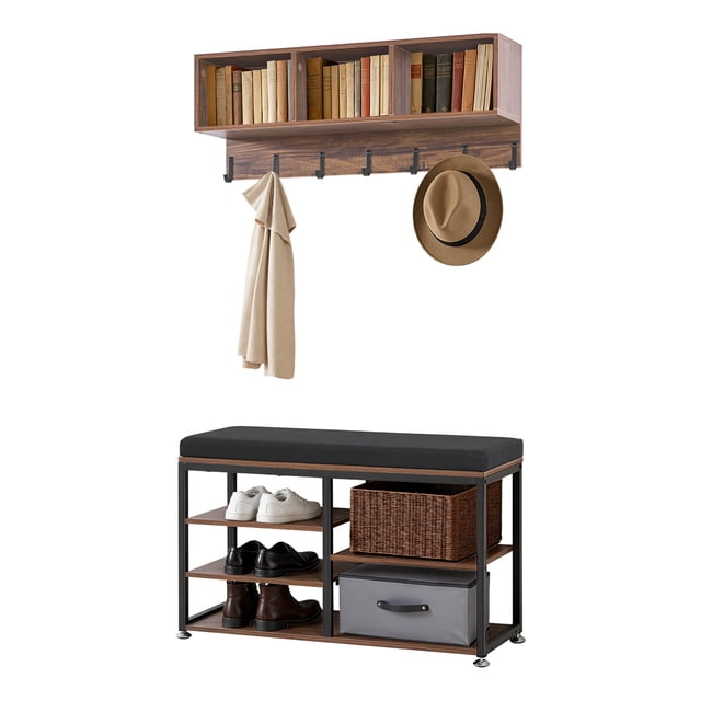 KFFKFF Coat Rack with Shoe Bench, 3-in-1 Shoe Coat Rack Combo Set with Hooks and Bookshelf, Steel Frame Hall Tree Entrance Storage Organizer Holder for Entry, Rustic Brown
