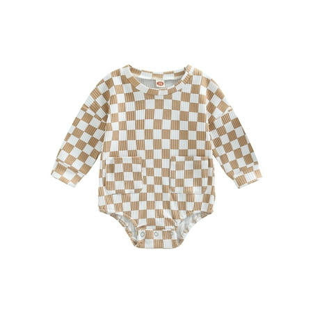 

Eyicmarn Baby’s Casual Long Sleeve Romper Fashion Checkerboard Print Round Neck Triangle Jumpsuits with Pockets