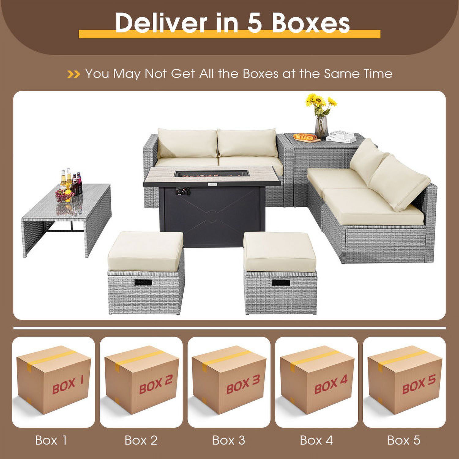 Aimee Lii 9 Pieces Patio Furniture Set with 42 Inches 60000 BTU Fire Pit, Outdoor Patio Furniture, White Aimee Lii 9 Pieces Patio Furniture Set with 42 Inches 60000 BTU Fire Pit, Outdoor Patio Furniture, White