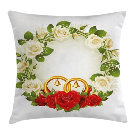 Wedding Decorations Throw Pillow Cushion Cover, Frame with White and Red Roses and Stylized Wedding Rings Romance, Decorative Square Accent Pillow Case, 20 X 20 Inches, White Green Red, by Ambesonne
