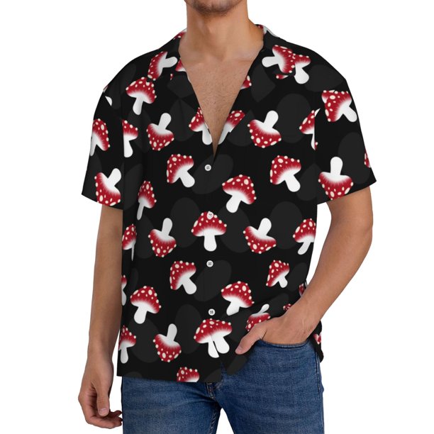 Balery Cartoon Mushroom Camisa Casual de Manga Corta con Botones para Hombre, Texturizada, Estilo Cubano, para Playa, Verano-Large