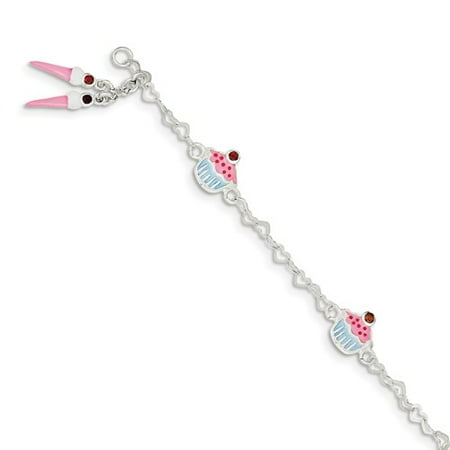 Sterling Silver & Garnet Enameled Cupcake & Ice Cream Childs Bracelet