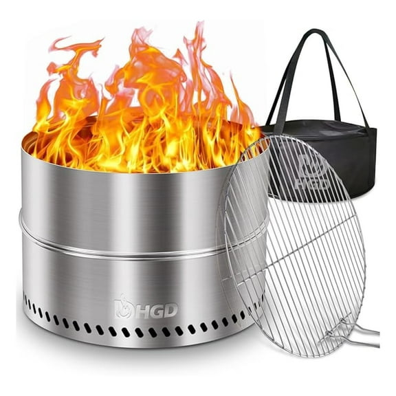 19.5 Inch Smokeless Fire Pit with Grill, Portable Wood Burning Fireplace for Camping & Backyard - Stainless Steel, Foldable, Carry Bag Included