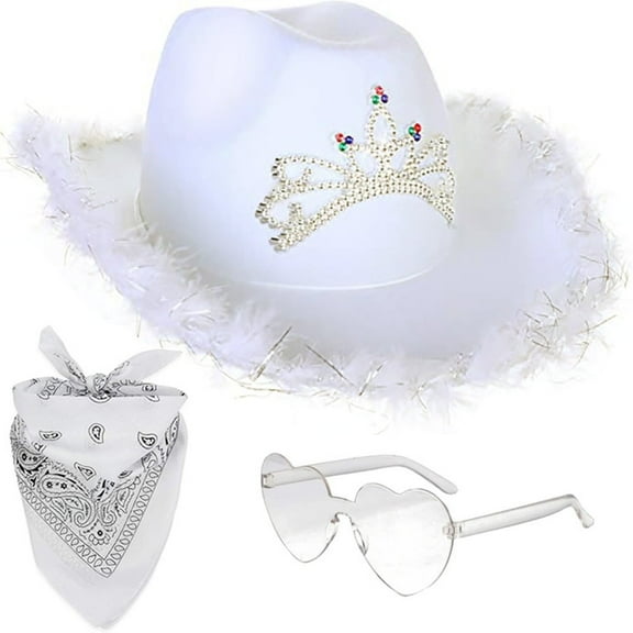 Hzzsbu Rhinestone Cowgirl Hat - Glitter Western Party Hat with Feather for Women, Princess Cowboy Party Hat