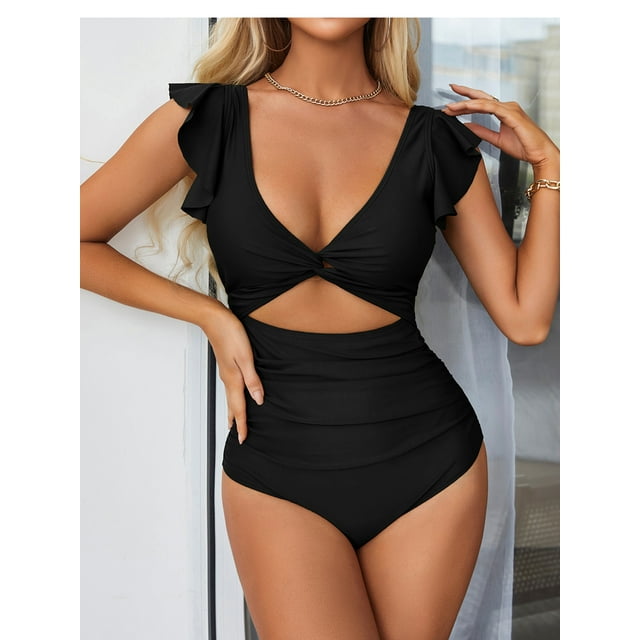 BeautyIn One Piece Swimsuits for Women V Neck Ruched Monokini Bathing Suits Ruffle Beach Surf Wear