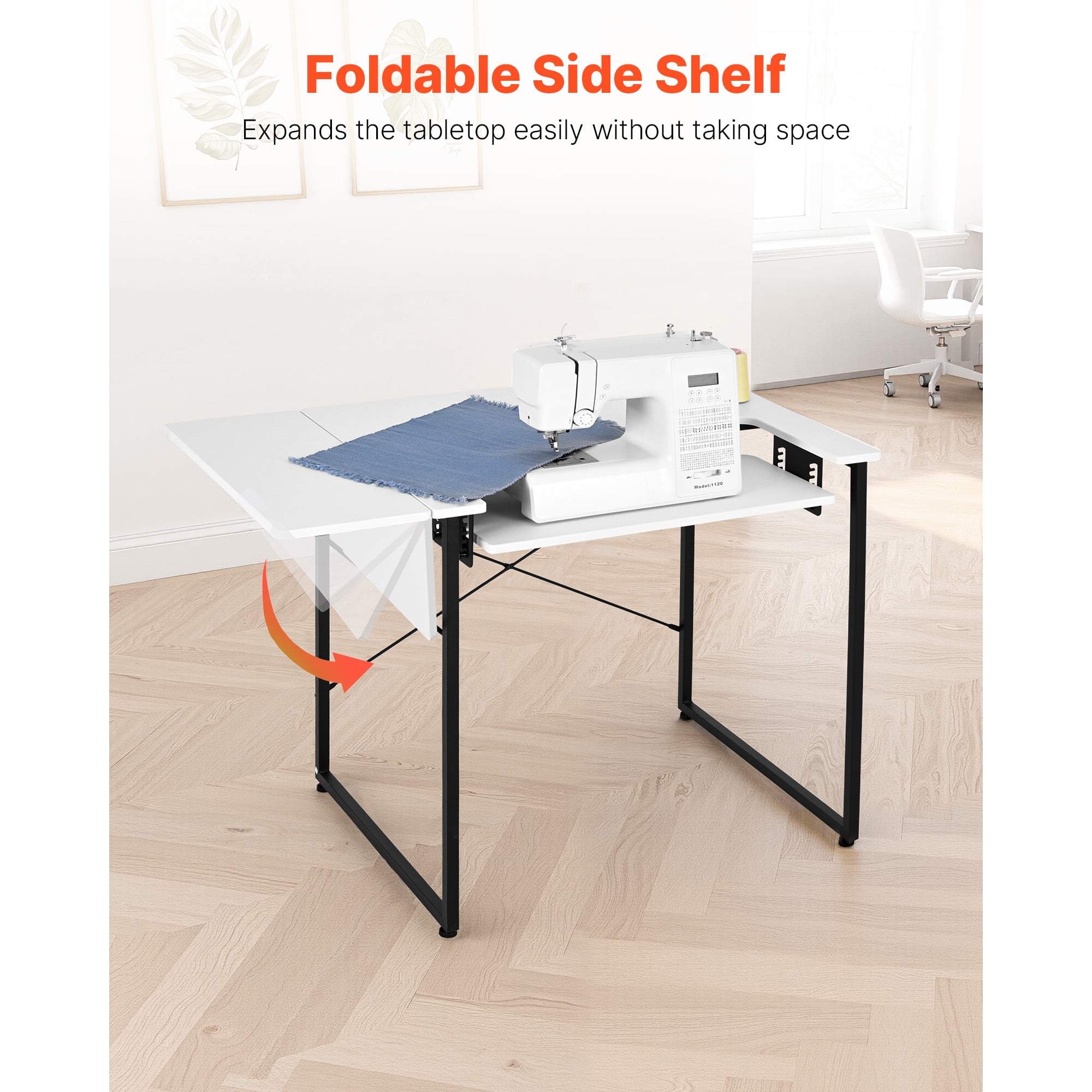 KFFKFF Multipurpose Sewing Table with Foldable Side Shelf, Adjustable Shelf, Sturdy Steel Legs, Ideal for Sewing, Crafting, Studying, and More, White