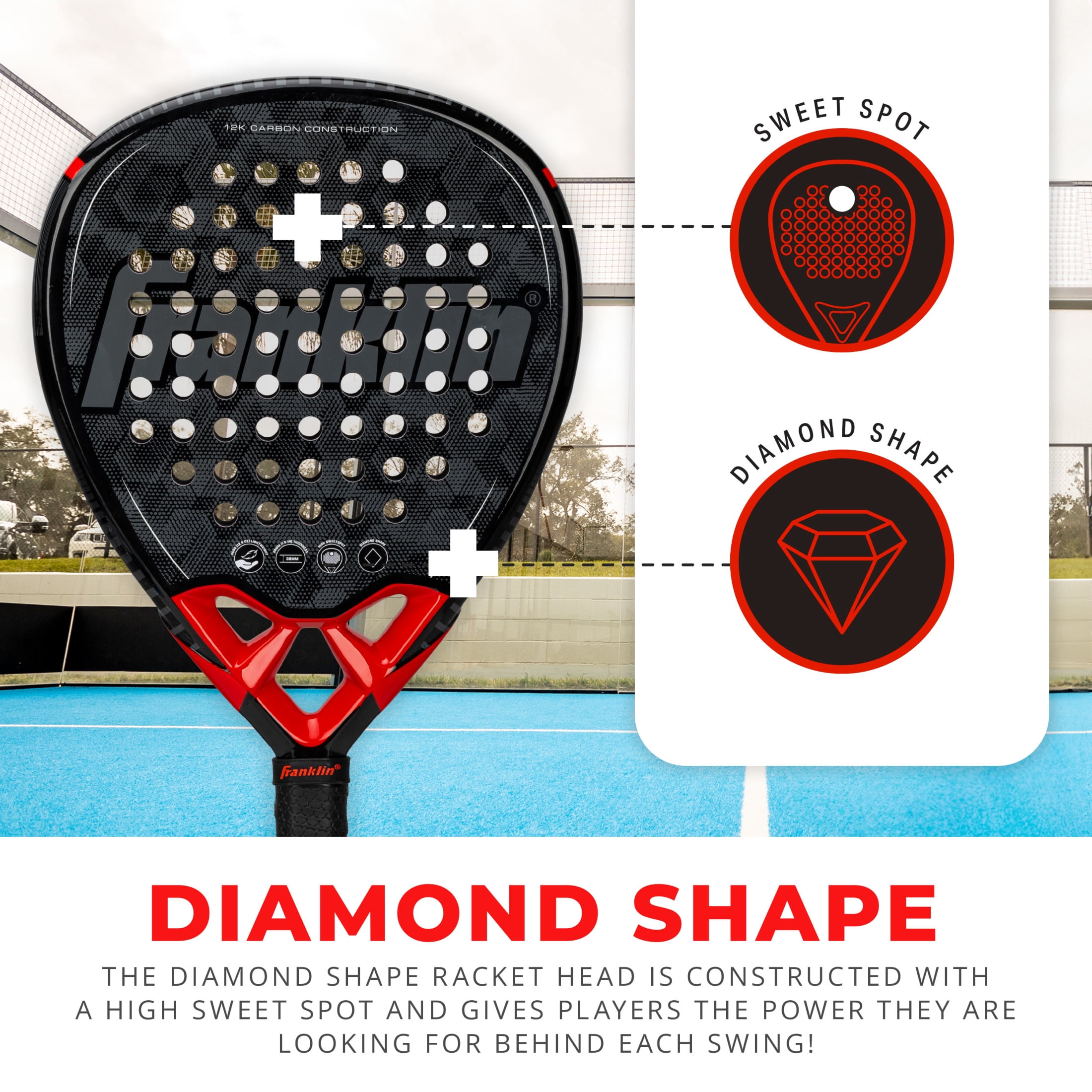 Franklin Sports Padel Racket - GLIDE - Fiberglass Padel Racket with Foam Core - Pop Tennis Racket - 365g Padel Racket - Premium Performance Racket - Black/Red