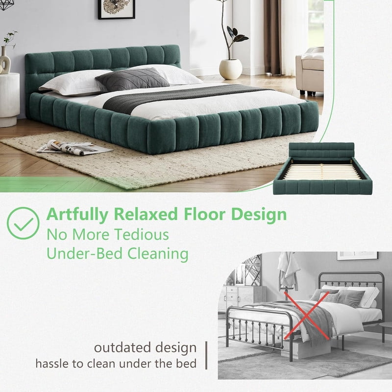Queen Size Upholstered Platform Bed with Thick Fabric, Chenille Grounded Bed with Headboard and Solid Frame, No Box Spring Needed