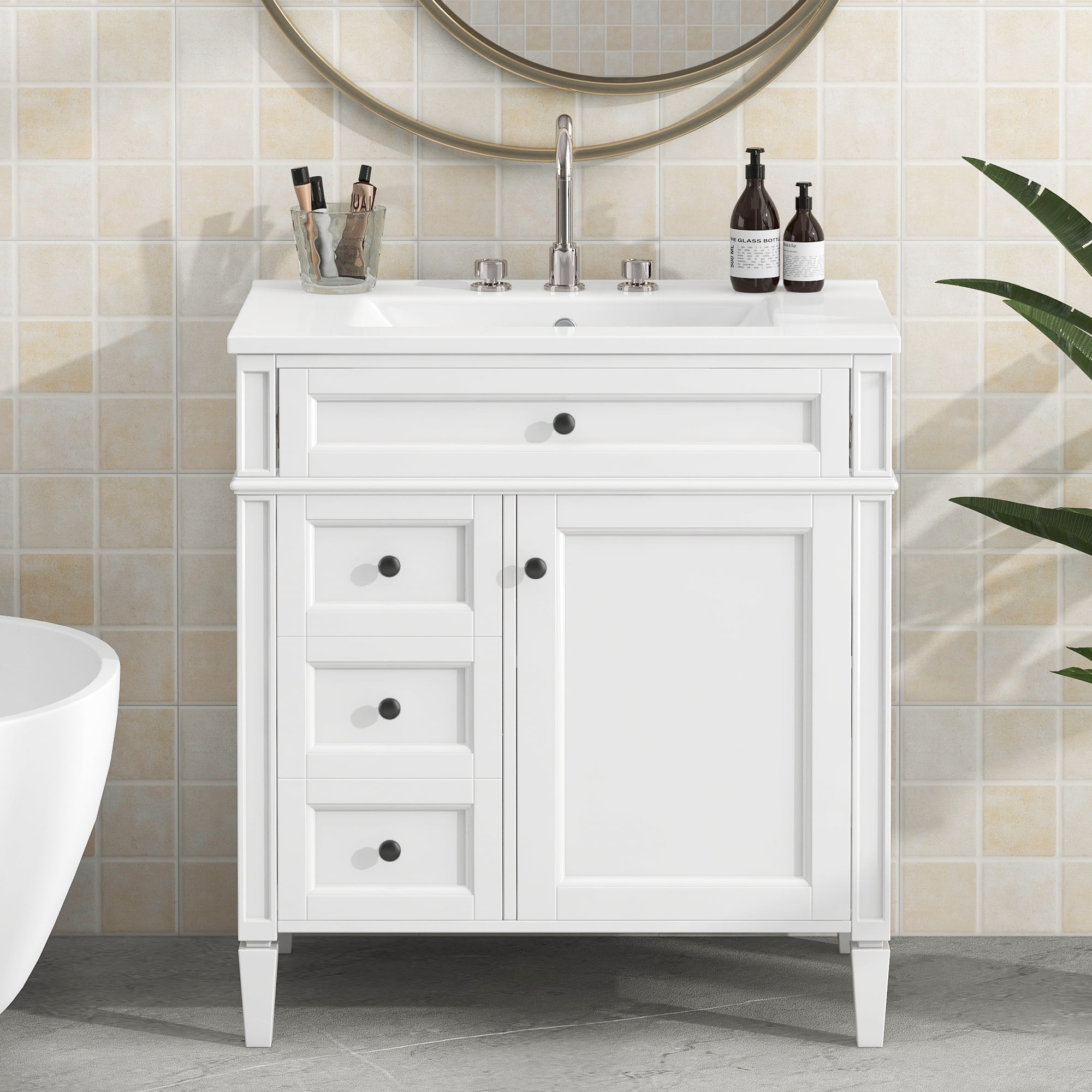 Euroco 30” Bathroom Vanity with Sink, Modern Freestanding Bathroom Cabinet with Tip-Out Drawer, Soft-Close Doors & Shelves, Hidden Storage Organizer