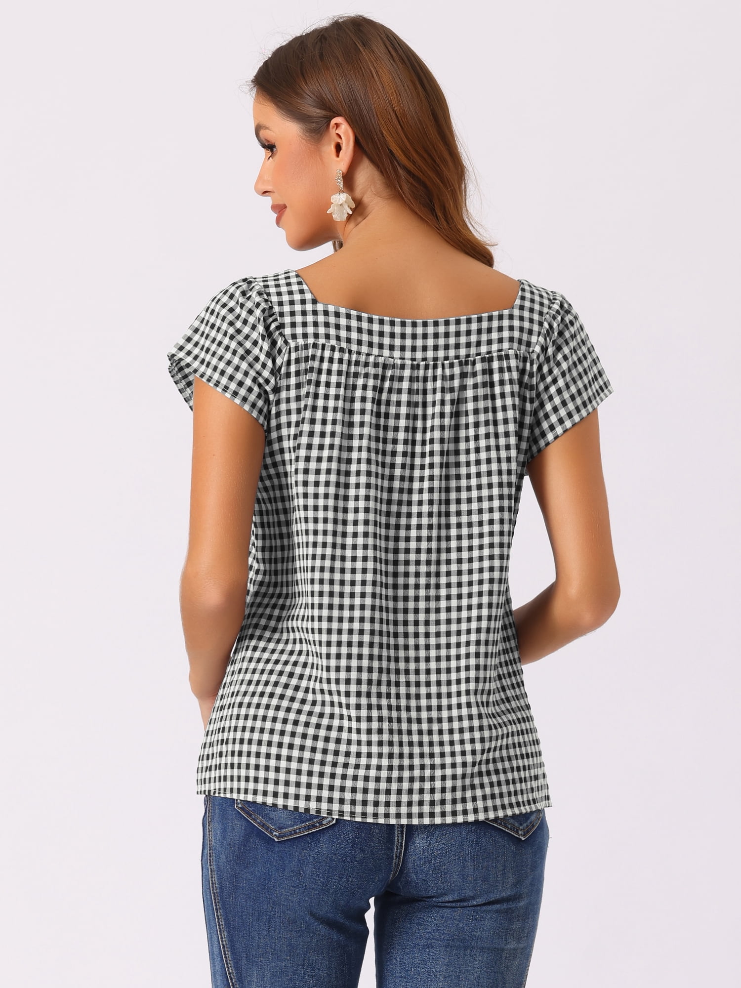 DARING DIVA Women's Cute Cap Sleeve Square Neck Plaid Blouses S Black