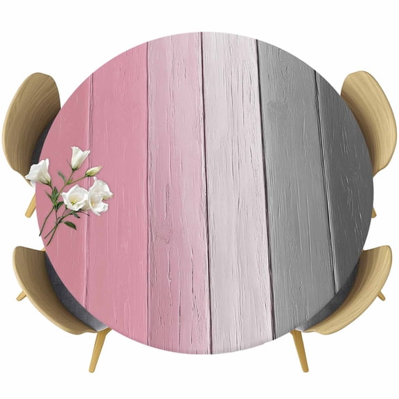 Pink Gray Ombre Fitted Tablecloth with Elastic Edged, Round Table Cloth for Dining Table, Vintage Country Wooden Waterproof Oil Proof Table Cover for Indoor Outdoor 55"-60"