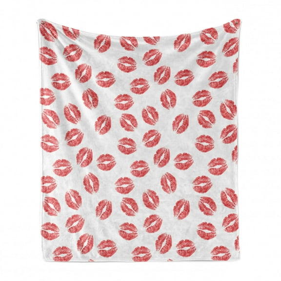 Feminine Soft Flannel Fleece Throw Blanket, Pattern of Lipstick Kiss Marks Woman Valentines Wedding Theme Illustration, Cozy Plush for Indoor and Outdoor Use, 60" x 80", White Red, by Ambesonne