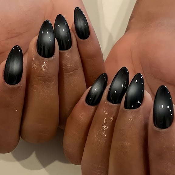 Gothic Press on Nails Long Almond, Halloween Black Metallic Cat Eye False Nails, Glossy Solid Color Chrome Fake Nails for Daily Party Manicure Decor, 24Pcs