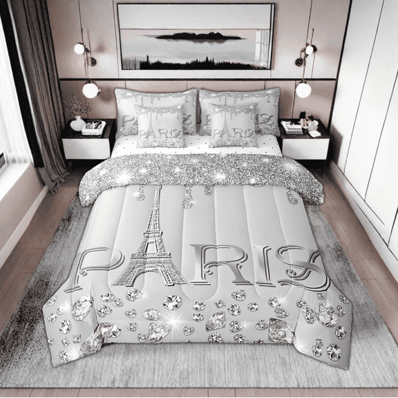 Paris Comforter Sets Twin for Women,Girly Glitter Eiffel Tower Bed in A Bag for Valentine's Day Gift,(Not Real)Diamond Bedding Sets,Sparkles Sequins Reversible Bed Sets with Sheet Set
