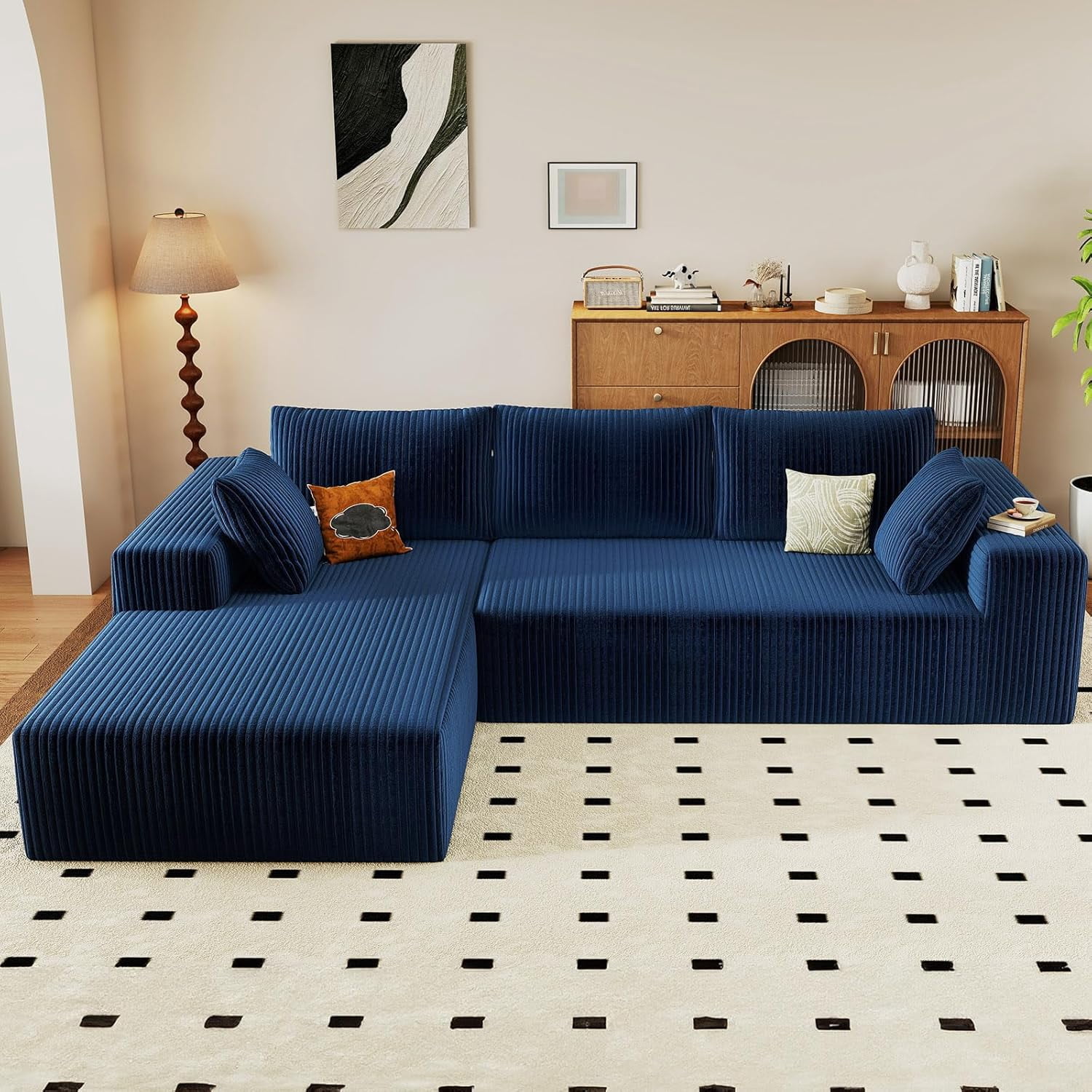 96-inch Modern Cloud Couch, L-Shaped Corduroy Sectional Sofa with Chaise, No Assembly Required, Deep Seating Modular Sofa for Living Room,Blue