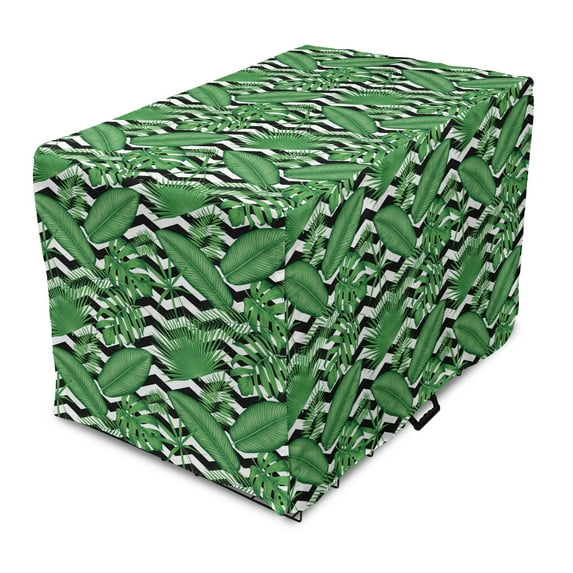 Jungle Foliage Dog Crate Cover, Modern Pattern with Exotic Leaves on a Background of Zigzags, Easy to Use Pet Kennel Cover Small Dogs Puppies Kittens, 7 Sizes, Charcoal Grey Green, by Ambesonne