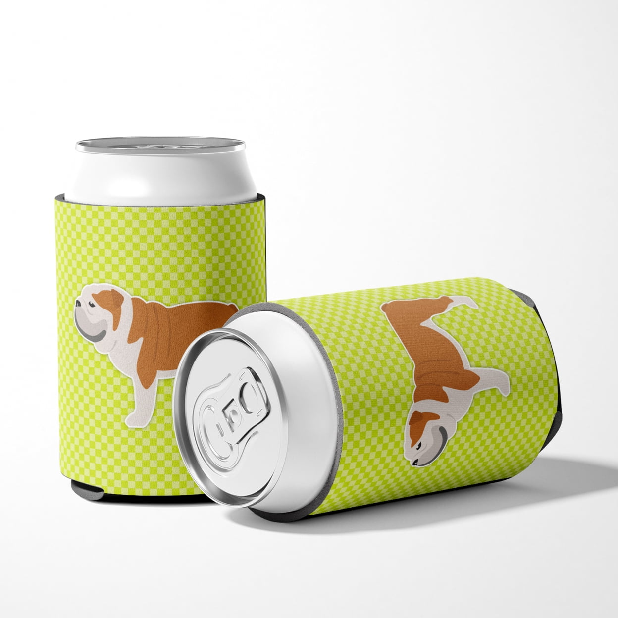 Caroline's Treasures BB3862CC English Bulldog Checkerboard Green Can or Bottle Hugger, Can Hugger, multicolor