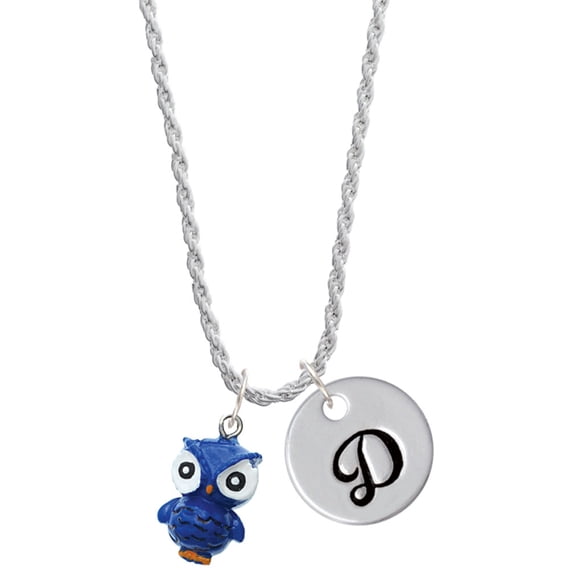 Delight Jewelry Resin Blue Snow Owl Silvertone Script Initial Disc - D - Charm Necklace, 20"+3"