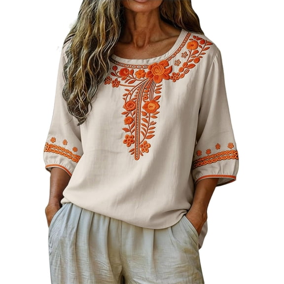 CONZONE Women's Tshirts 3/4 Sleeve T Shirts for Women Casual Crew Neck Embroidery Lightweight Tees Soft Cozy Tops