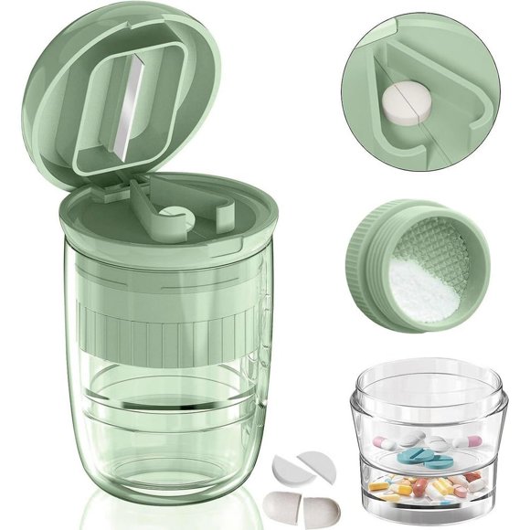 2Pcs Pill Cutter Splitter with Dispenser Pill Cutter for Small or Large Pills Crushes Pills Tablets Removable Drinking Cup