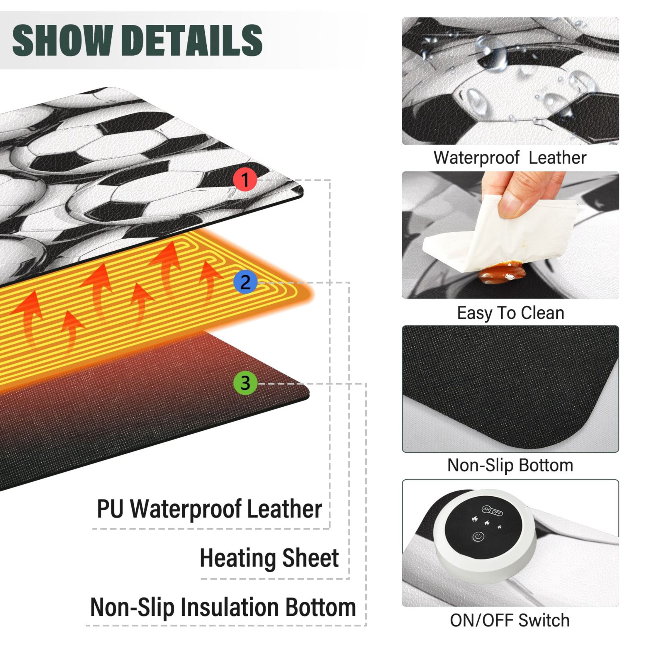 Large Heated Desk Mat Mouse Pad 31.5"x13"PU Leather Graphene Heating Desk Warmer with 3 Temperature Settings 110V US Plug Non-Slip Warm Pad for Home, Office, and Gaming Classic Soccer Tile Pattern