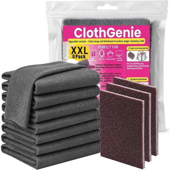 Magic Cloth - 8 Pack Thickened Microfiber Cleaning Cloth (11.8 x 15.7Inch), Reusable Lint Free Streak Free for Kitchen Glass Car Windows Bonus 3 Magic Cleaning Sponges