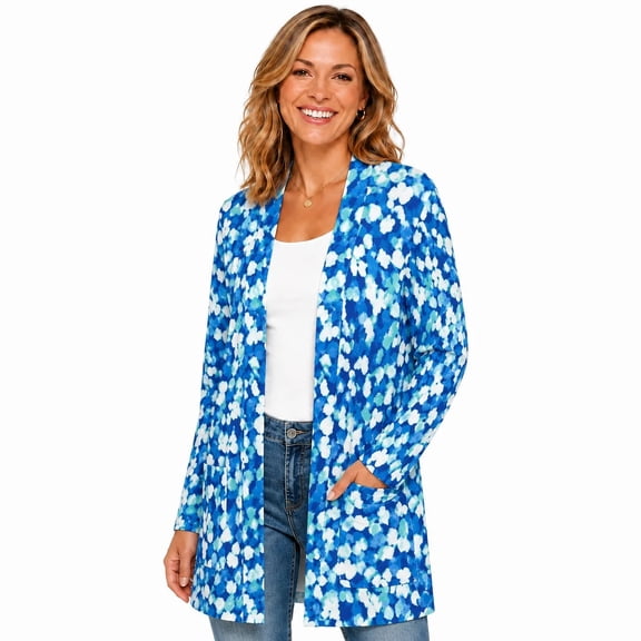 Women's Plus Size Blue Abstract Floral Cardigan, Long Sleeve Open Front Tunic with Pockets