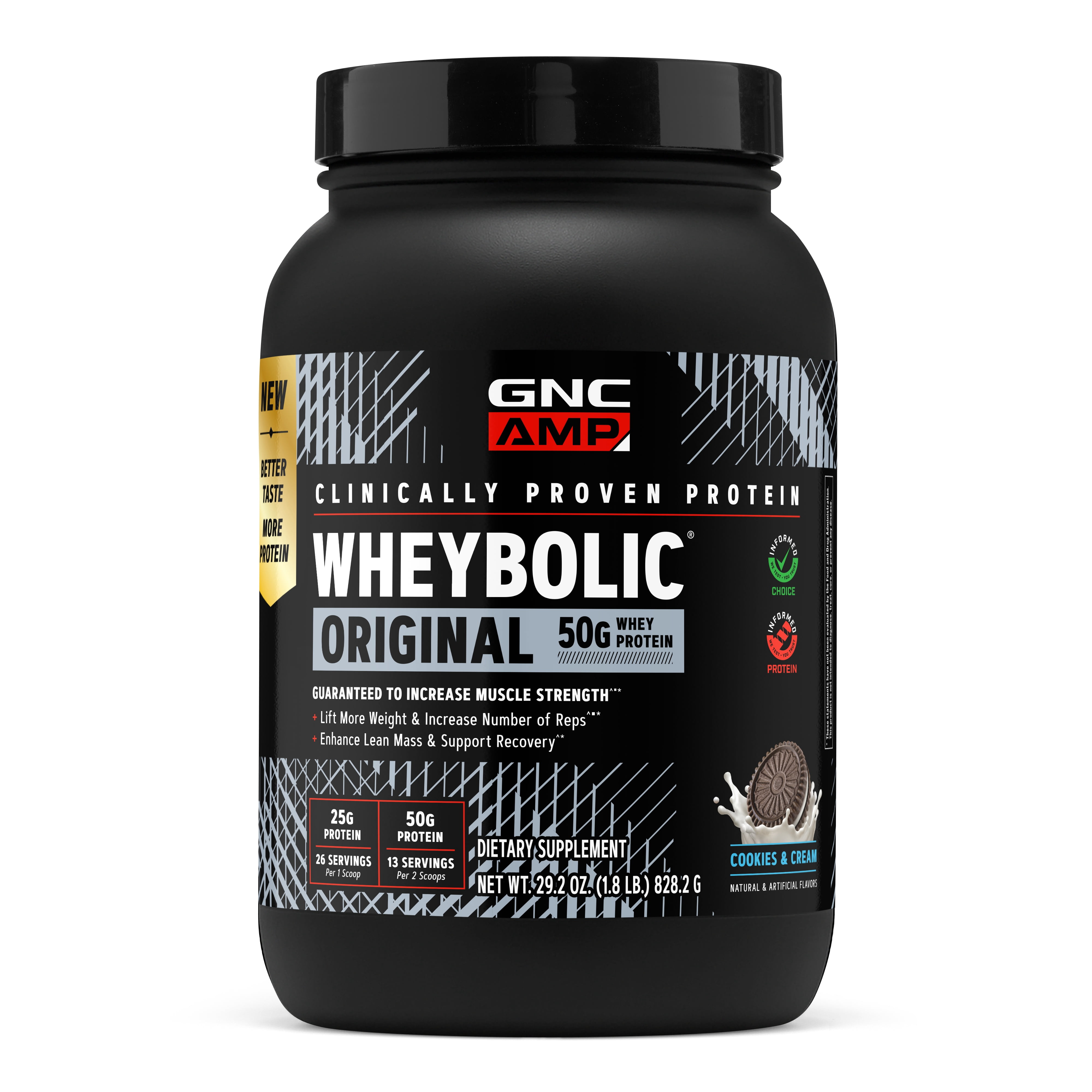 GNC AMP Wheybolic Clinically Proven Protein Powder, 50g Whey Protein, BCAA, Leucine, Increases Muscle Strength, Muscle Building, 3rd Party Tested, Gluten Free, Cookies & Cream 13 Servings