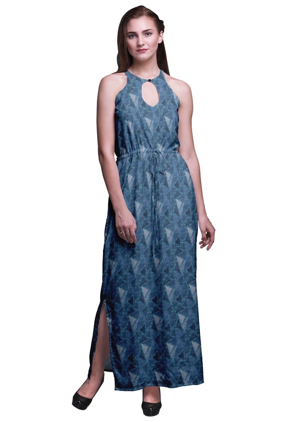 Geometric Ladies Crew Neck Waist String Print Maxi Dress with Side Slits Summer Wear-X-Small