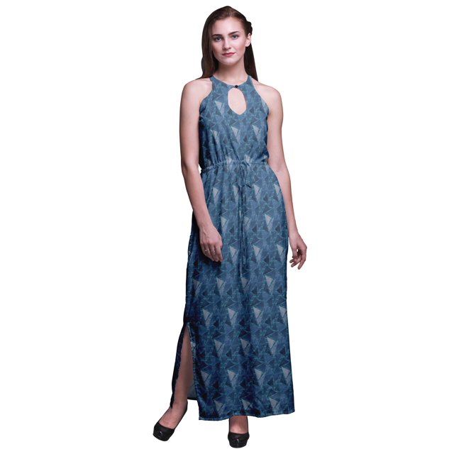 Bimba Robe Maxi à Imprimé Géométrique pour Femmes, Col Rond, Taille Élastique, avec Fentes Latérales, Tenue d'Été-moyenne