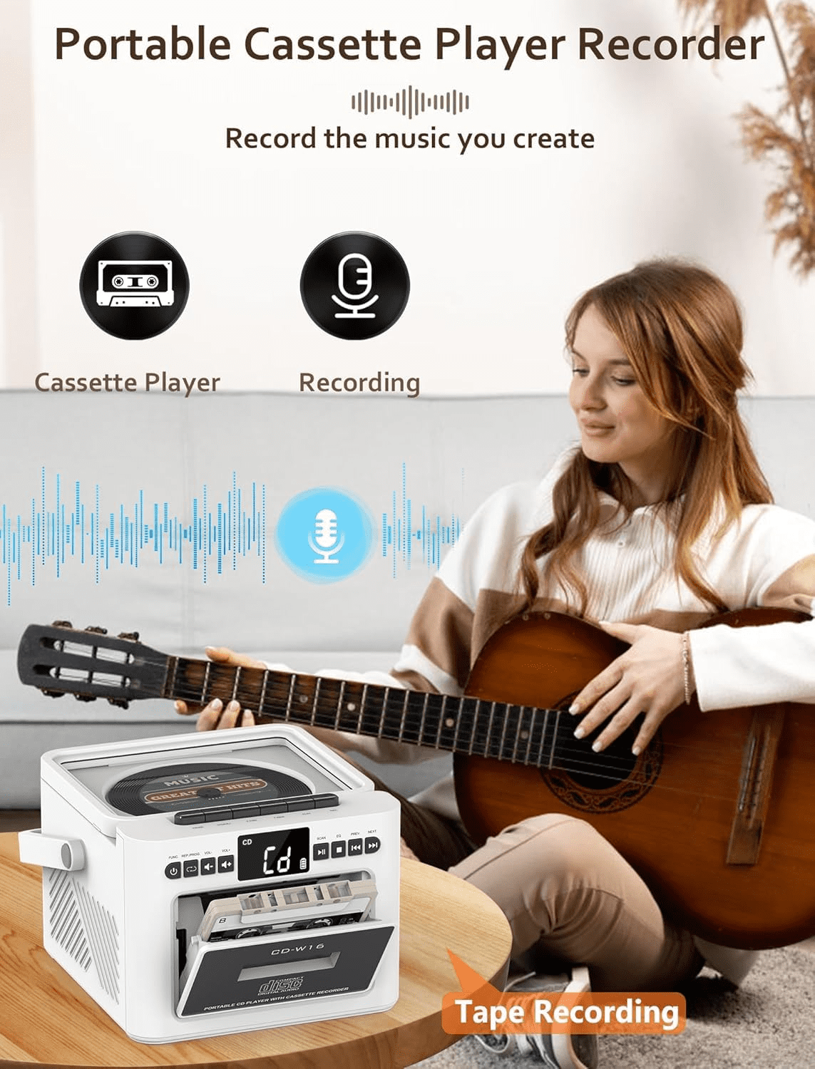 Jazmm Boombox CD Player, CD Cassette Player Combo with Bluetooth, 5000mAh Rechargeable Battery, FM Radio, Tape Recording for Home, Music