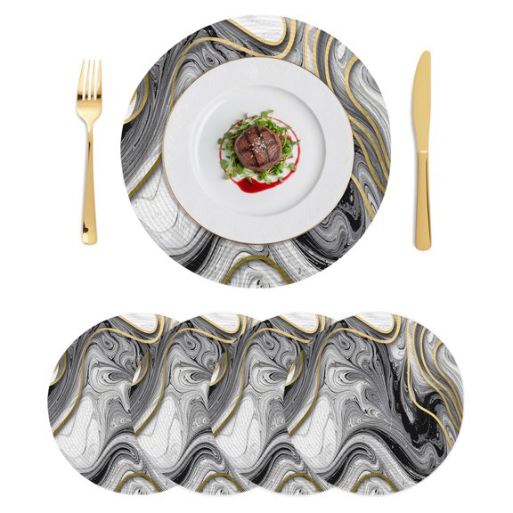 Round Placemats Black and White Marble 15 inch Set of 4 Table Mats for Dining Table Abstract Golden Lines Heat Resistant Non-Slip Kitchen & Home Decorative Place Mat Set