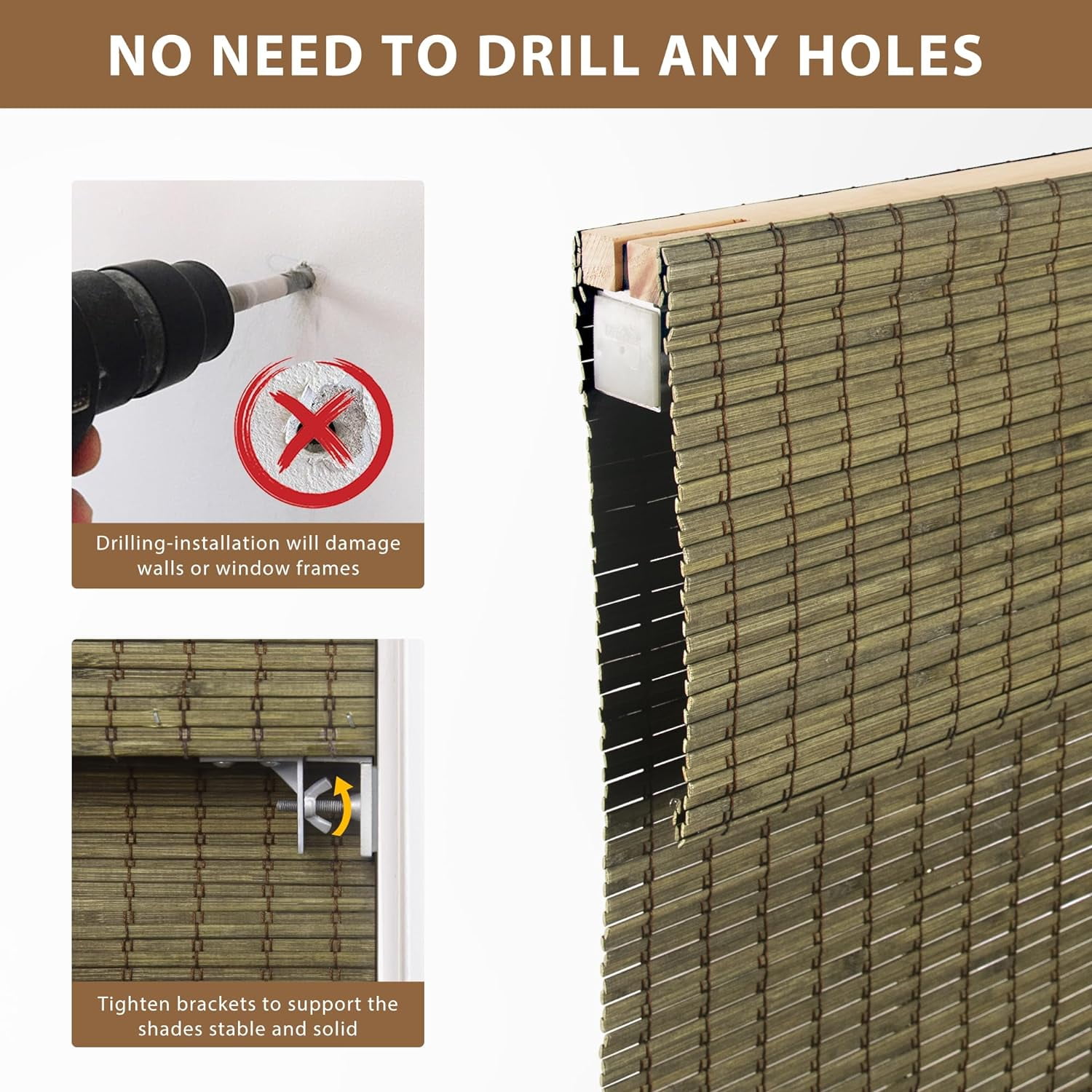 LazBlinds No Tools No Drill Cordless Bamboo Roman Shades, Privacy Window Treatment, Roll Up Bamboo Blinds for Window 20'' W x 64'' H, Driftwood