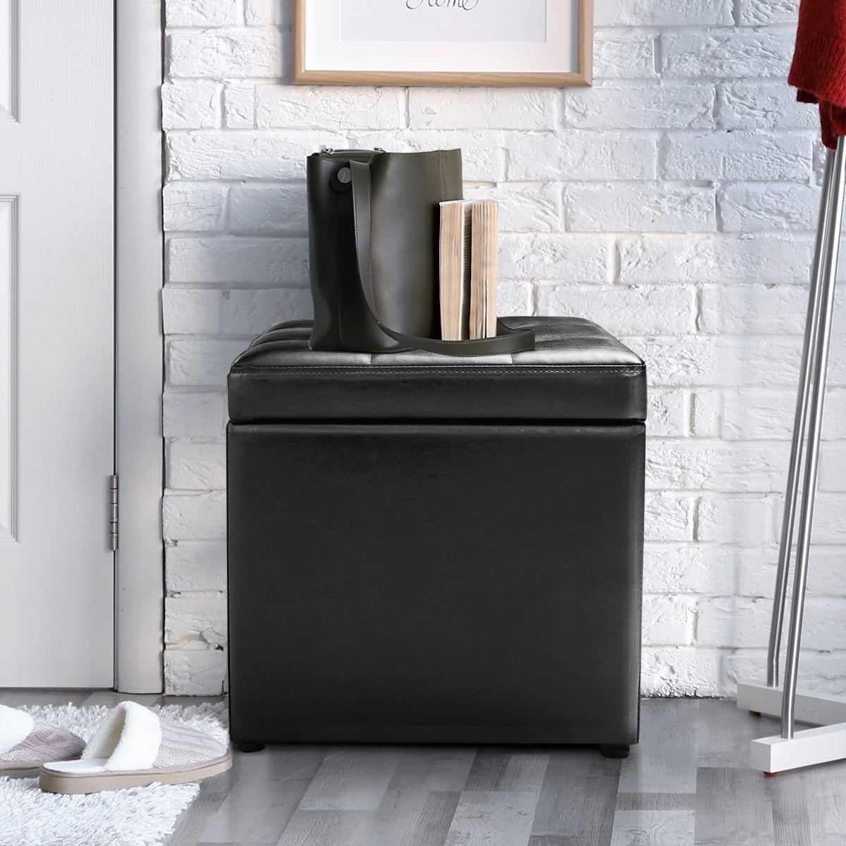 Topbuy 16''Cube Ottoman Storage Box  Pouffe Seat Footstools with Hinge Top Black