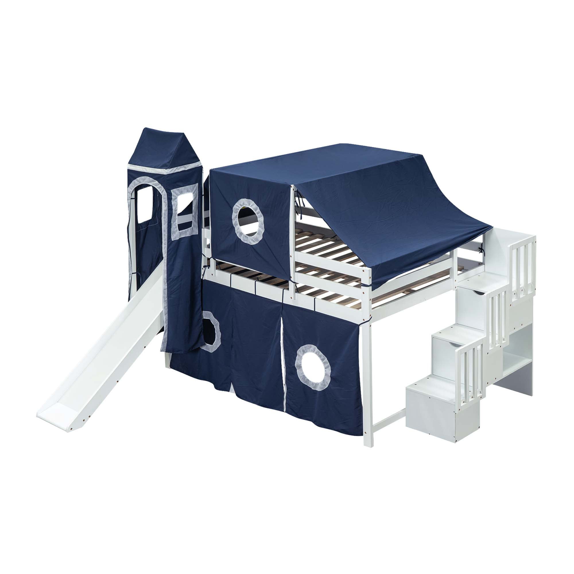 Aukfa Full Size Loft Bed with Slide - House Loft Castle Bed with Stairway Tent Tower for Kids - Navy