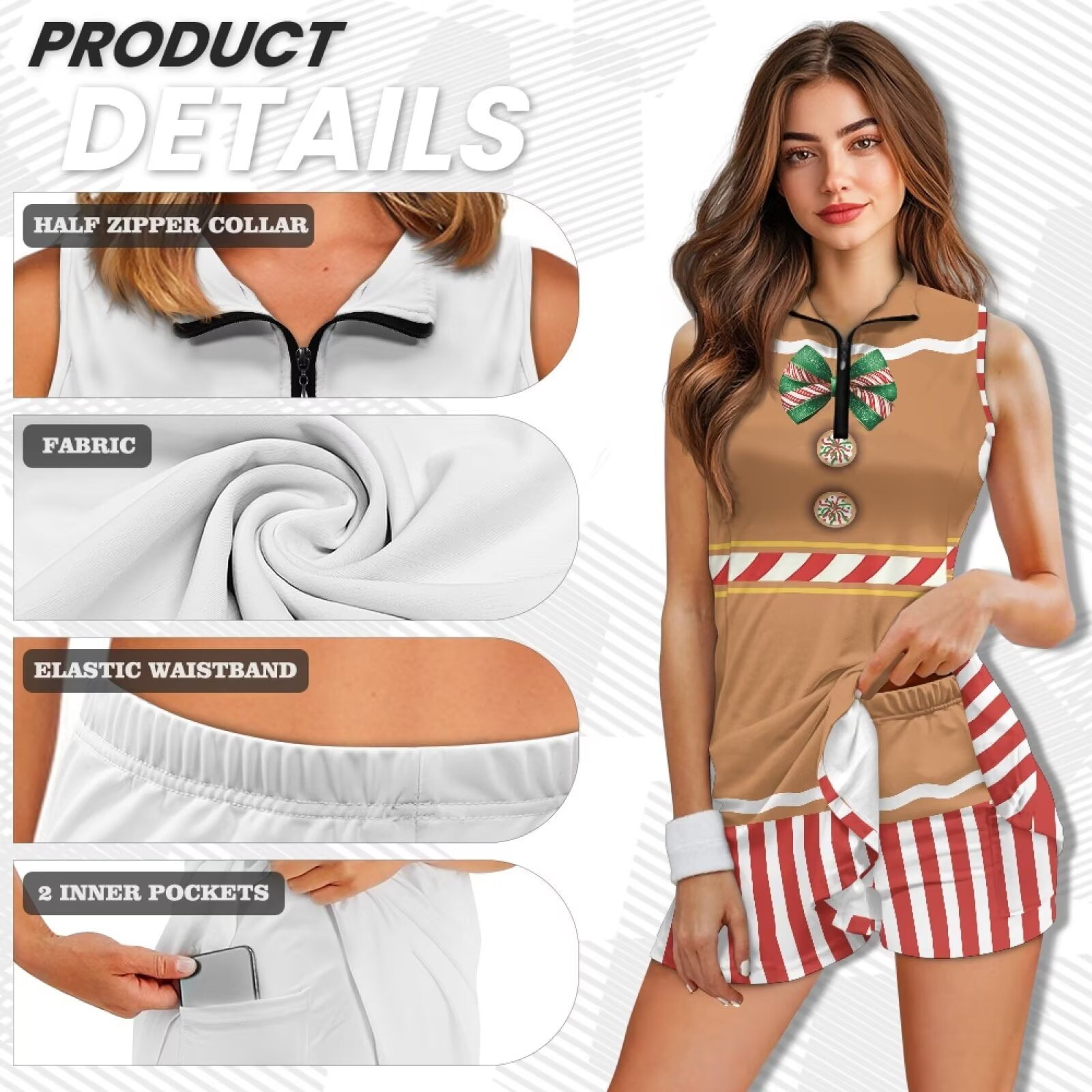 Yuyamidu Brown Christmas Golf Dress Built in Shorts Xmas Tennis Tank Dresses Stretchy Womens Golf Outfit Sleeveless Active Dress Size XS