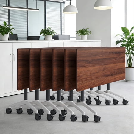 Foldable Conference Table with Wheels 61in 6PCS Modern Mobile Training Tables for Office Classroom Walnut