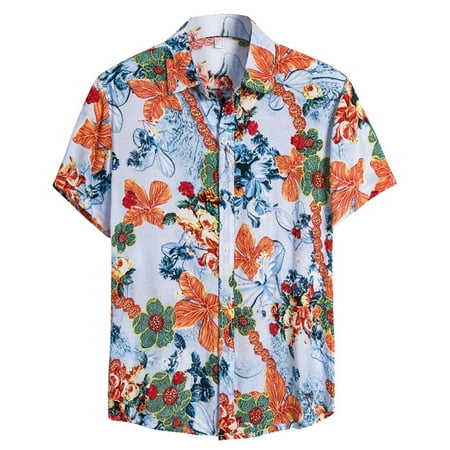 

1Pc Men Fashion Summer Shirts Stylish Printing Shirt Cool Breathable Mens Shirts V-neck Beach Shirts (Blue L)