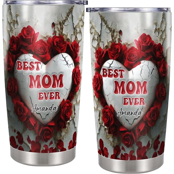 Personalized Best Mom Ever Tumbler Custom Name Red Roses Insulated cups Travel Coffee Mug with Lids Stainless Steel 20 oz Gifts for Women Girl Birthday Mothers Day