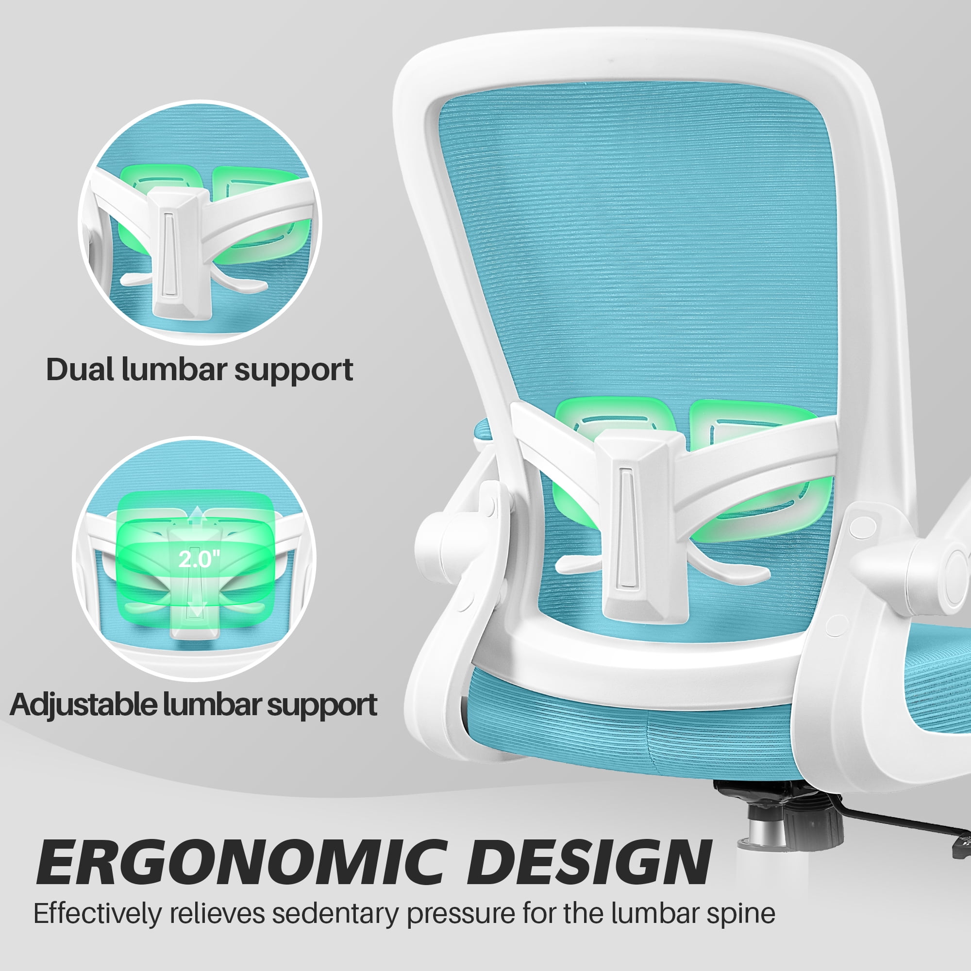 COOLHUT Ergonomic Office Chair, Home Office Desk Chair, Comfort Mesh Task Chair with Adjustable Lumbar Support and Flip up Arms, Blue
