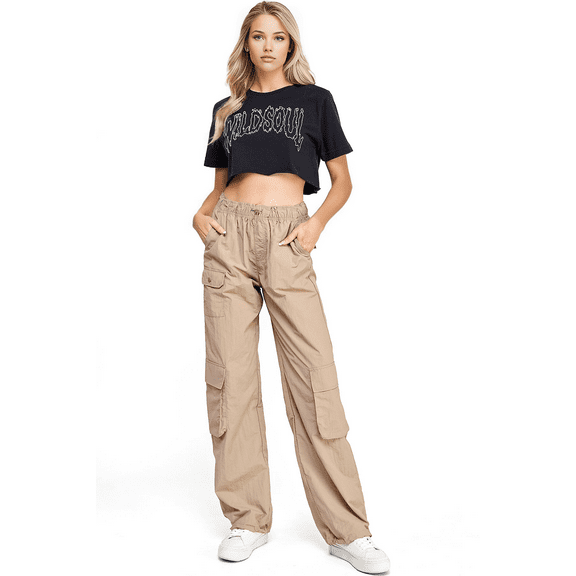Love Tree Women's Juniors High Rise Nylon Parachute Wide Leg Skater Pants (Taupe, Small)