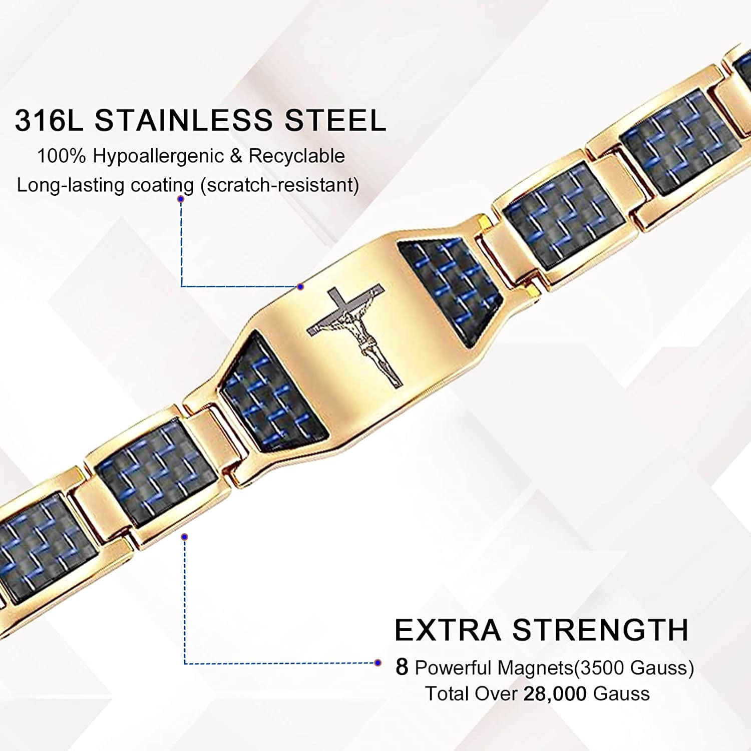 Magnetic Bracelet for Men, Christian Cross Jesus Carbon Fiber Stainless Steel Bracelet, Religious Health Jewelry Gifts (Gold)