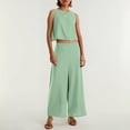 thumbnail image 3 of Conjunto de dos piezas de lino de color liso para mujer: top corto sin mangas con botones y pantalones de pierna ancha, tejido transpirable para el verano, 3 of 8