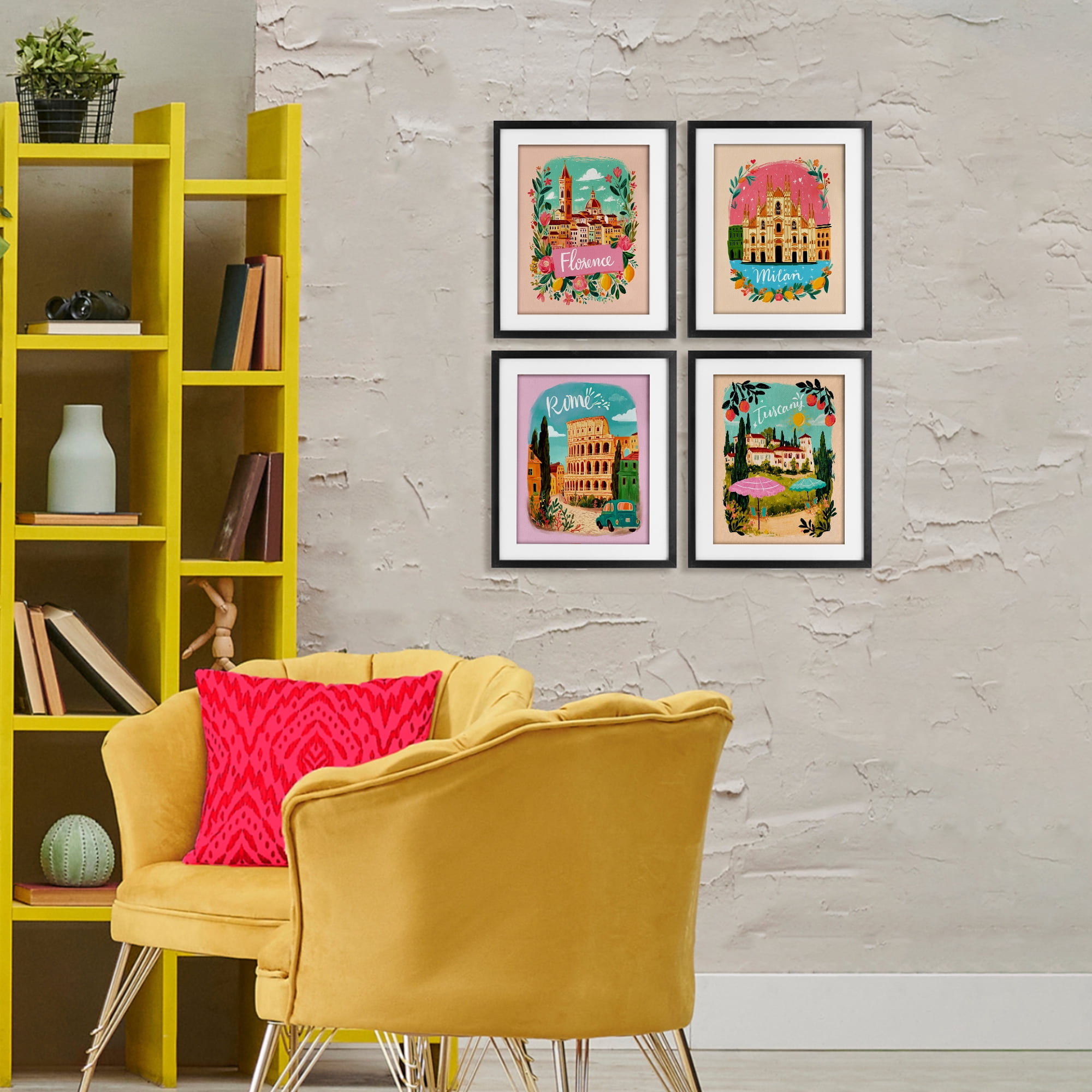 Italy Travel Locations with Florals 4 Piece Black Framed Print Under Glass Set, design by Yen