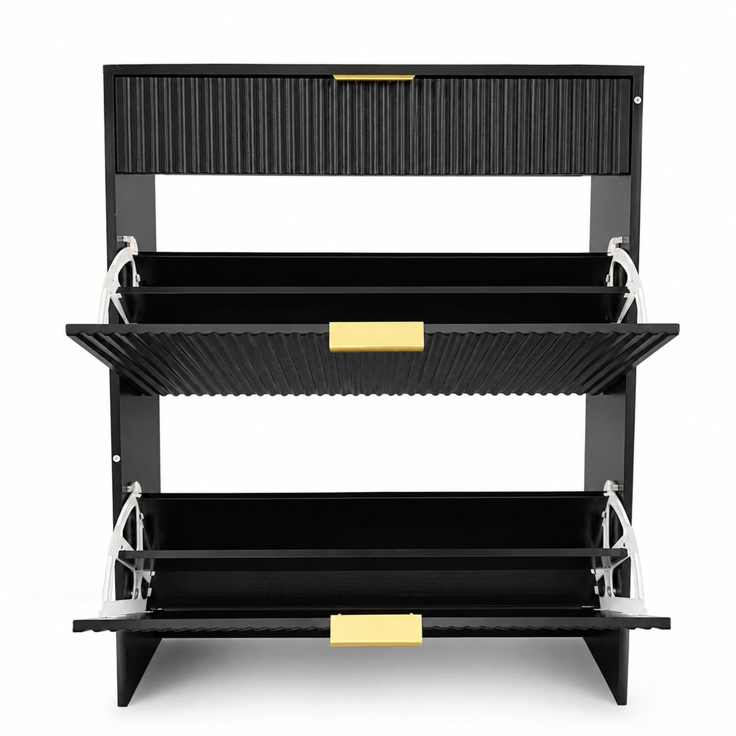 Hommoo Modern Narrow Fluted Shoe Storage Cabinet with Gold Pull Handles, Freestanding Slim Shoe Organizer for Entryway, Hallway or Bedroom Closet, Black