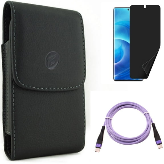 Case Belt Clip w Privacy Screen Protector w Purple 10ft PD Cable for Samsung Galaxy S20 - Leather Holster, TPU Film [NOT GLASS], Type-C to USB-C Fast Charger Cord Y1L fits Samsung Galaxy S20 Model